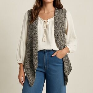Chunky Knit Open Front Sweater Vest Cardigan – Neutral Gray Multi